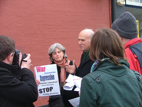 Protesters speak to Vince Cable