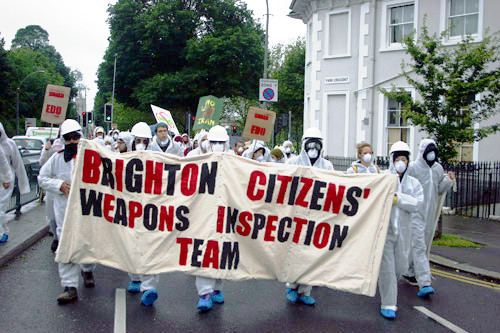 Smash EDO march with banner reading &quot;Brighton Citizen&#039;s Weapons Inspection Team&quot;