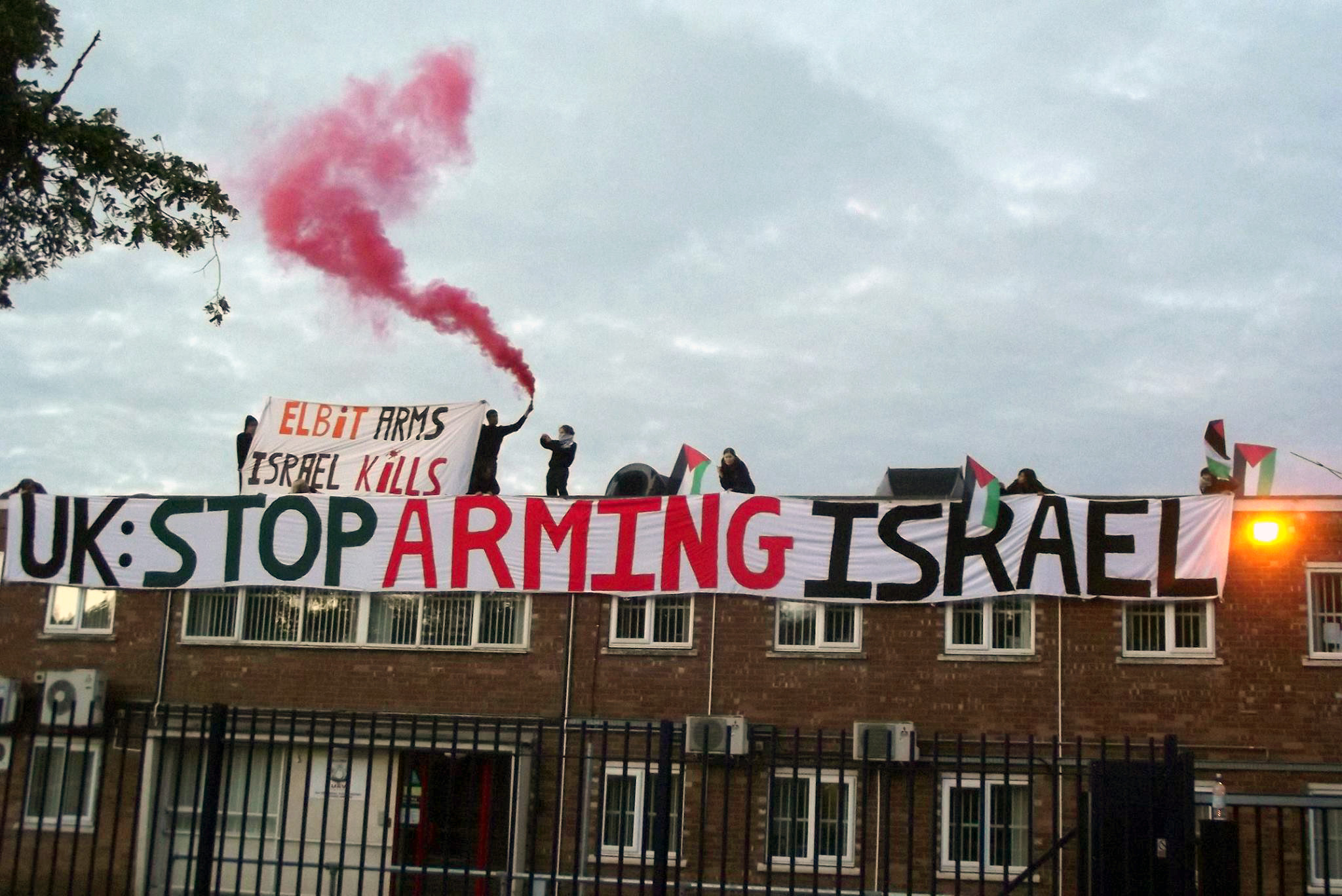 Protesters occupied the roof of Israeli drones manufacturer Elbit Systems, shutting it down for two days.