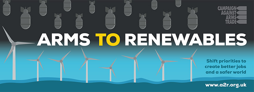 Graphic with 'Arms to Renewables' written across the middle. There are bombs above the text and wind turbines below
