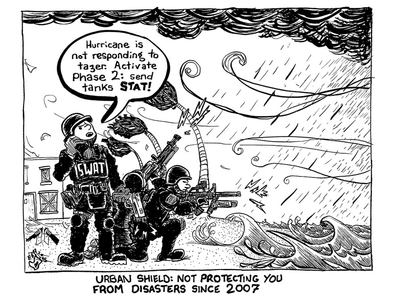 A cartoon of a SWAT team trying to use a taser against a hurricane