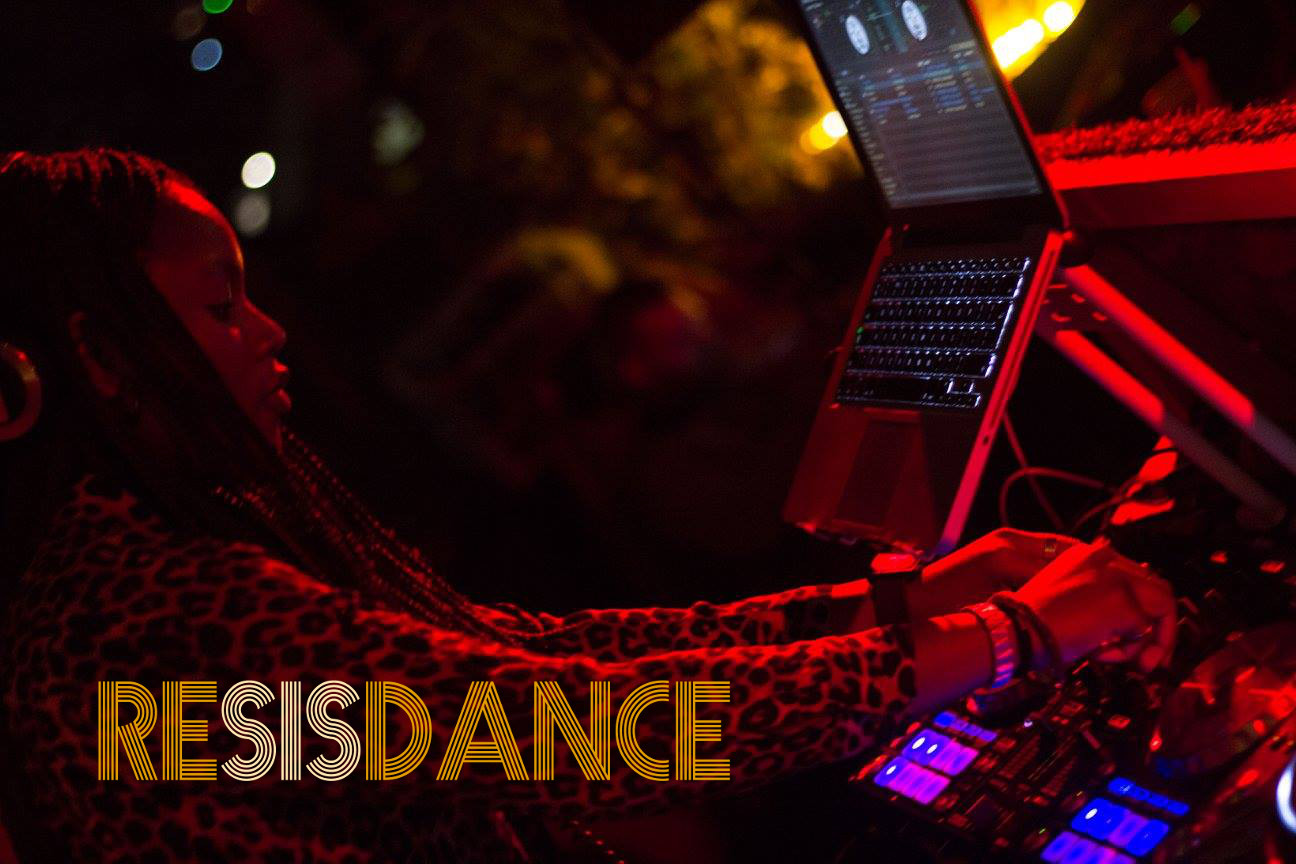 A woman stands over DJ decks 'RESISTANCE' in text over the image