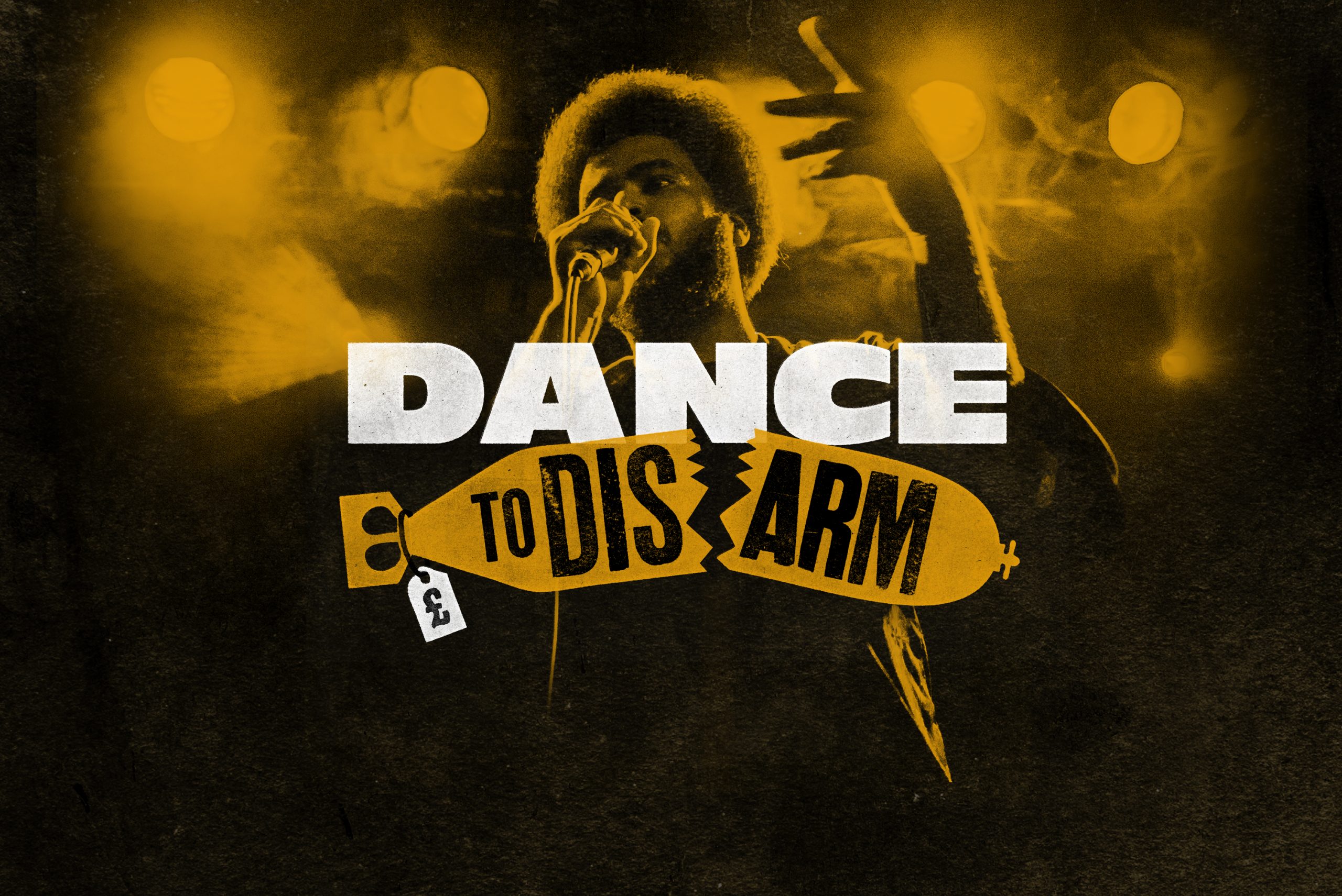 An photo of rapper Awate performing with the 'Dance To Disarm' logo overlaid