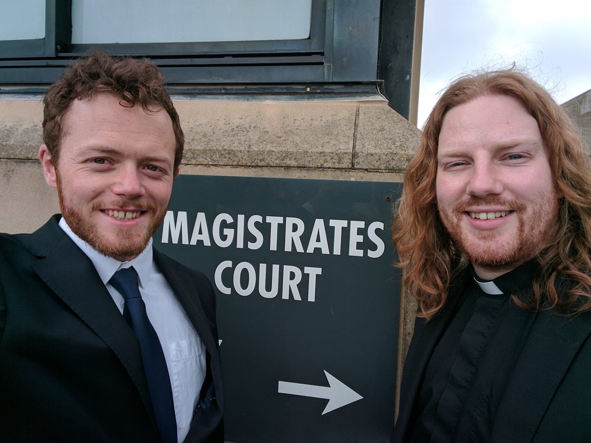 sam walton and Rev Daniel Woodhouse outside the magistrates court