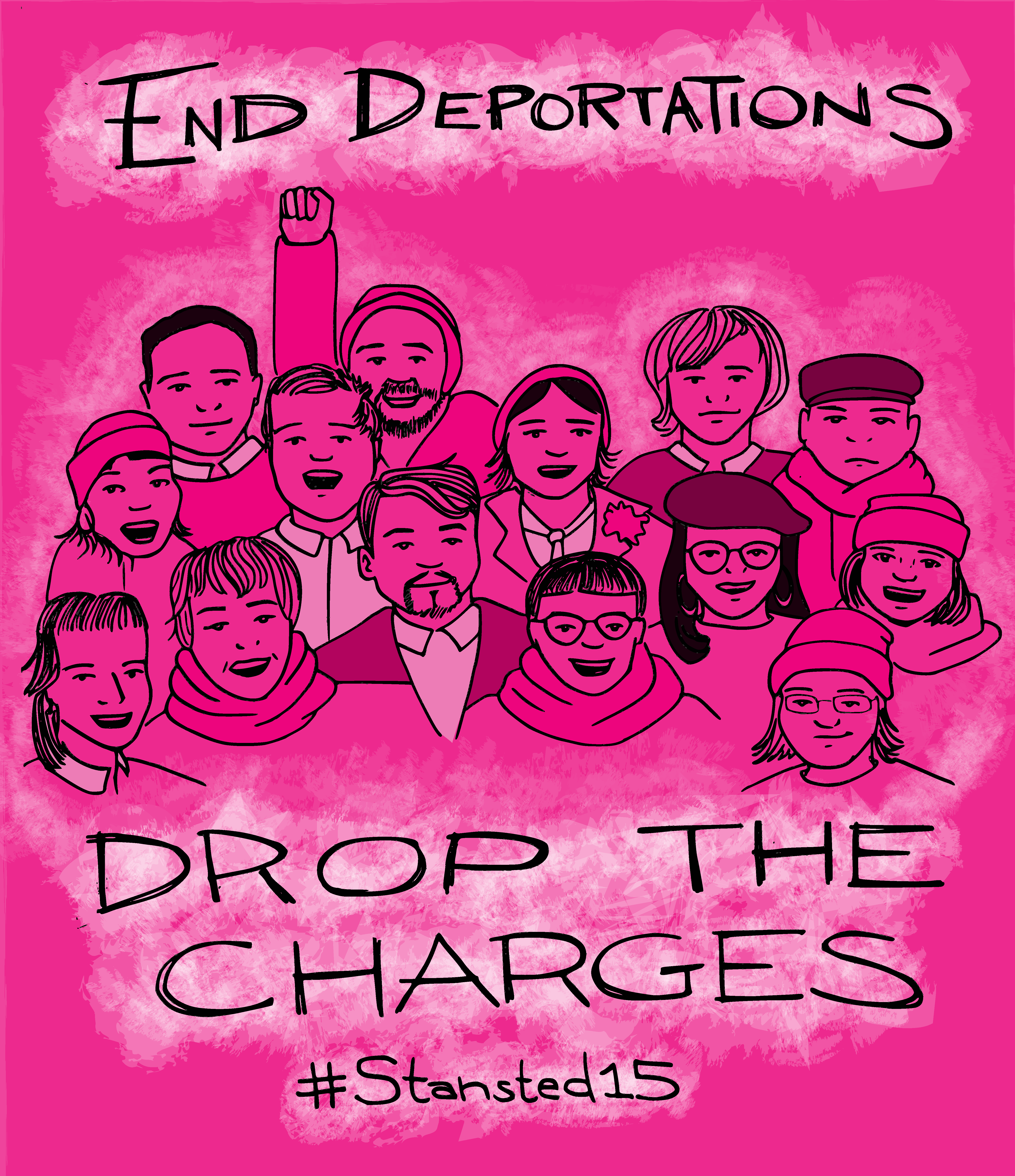 A pink-coloured graphic that has drawings of a group of people and text saying 'End Deportations', 'Drop the charges', and '#Stansted15'
