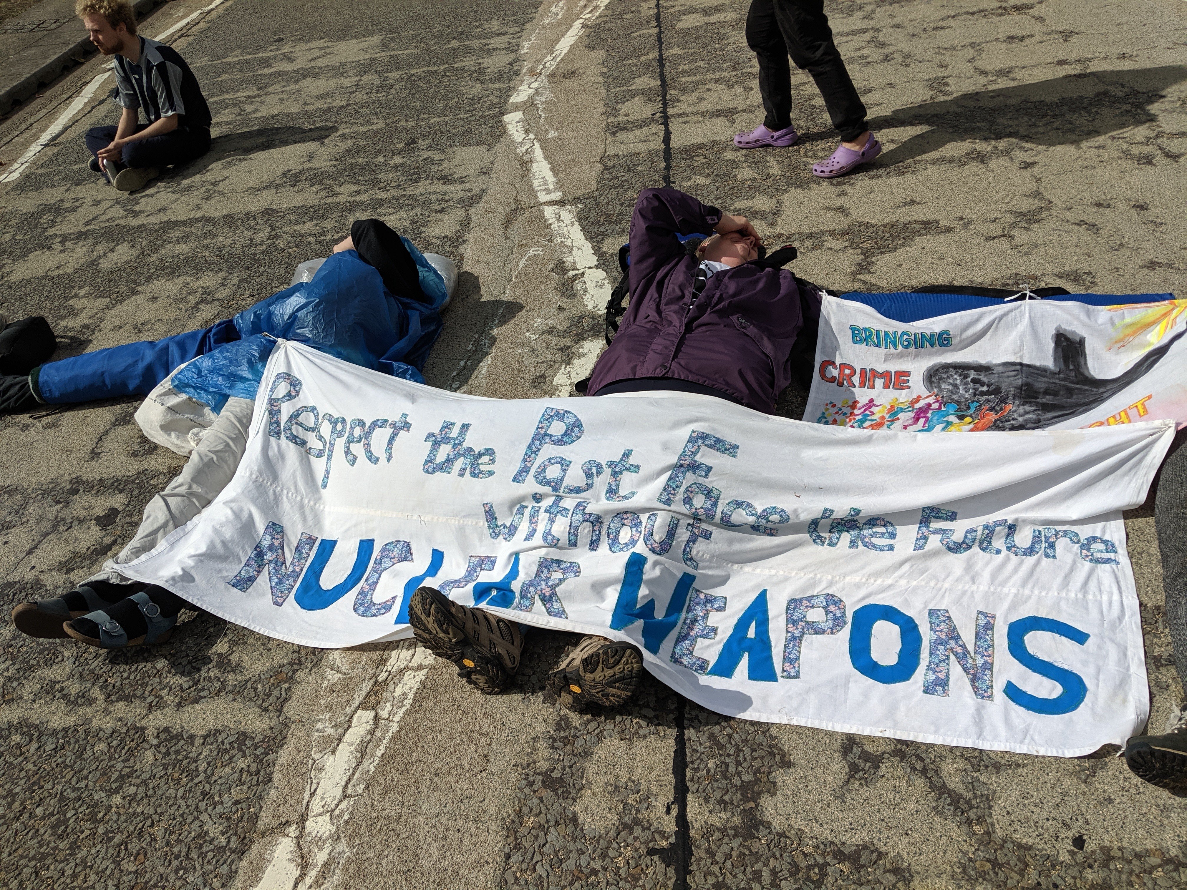 Activists locked on to block entry to the DSEI site
