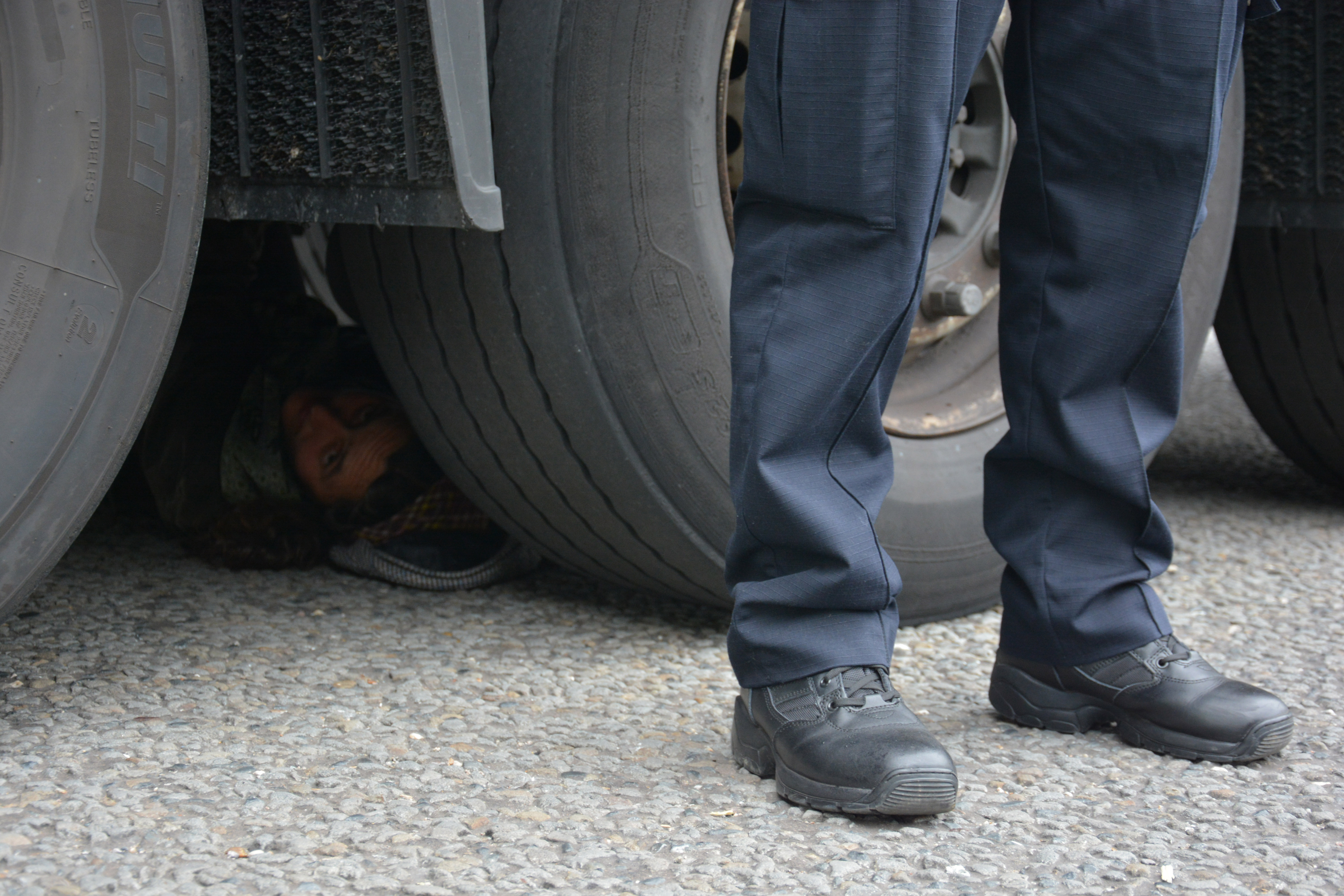 Activist locked-on to truck making delivery to DSEO set-up