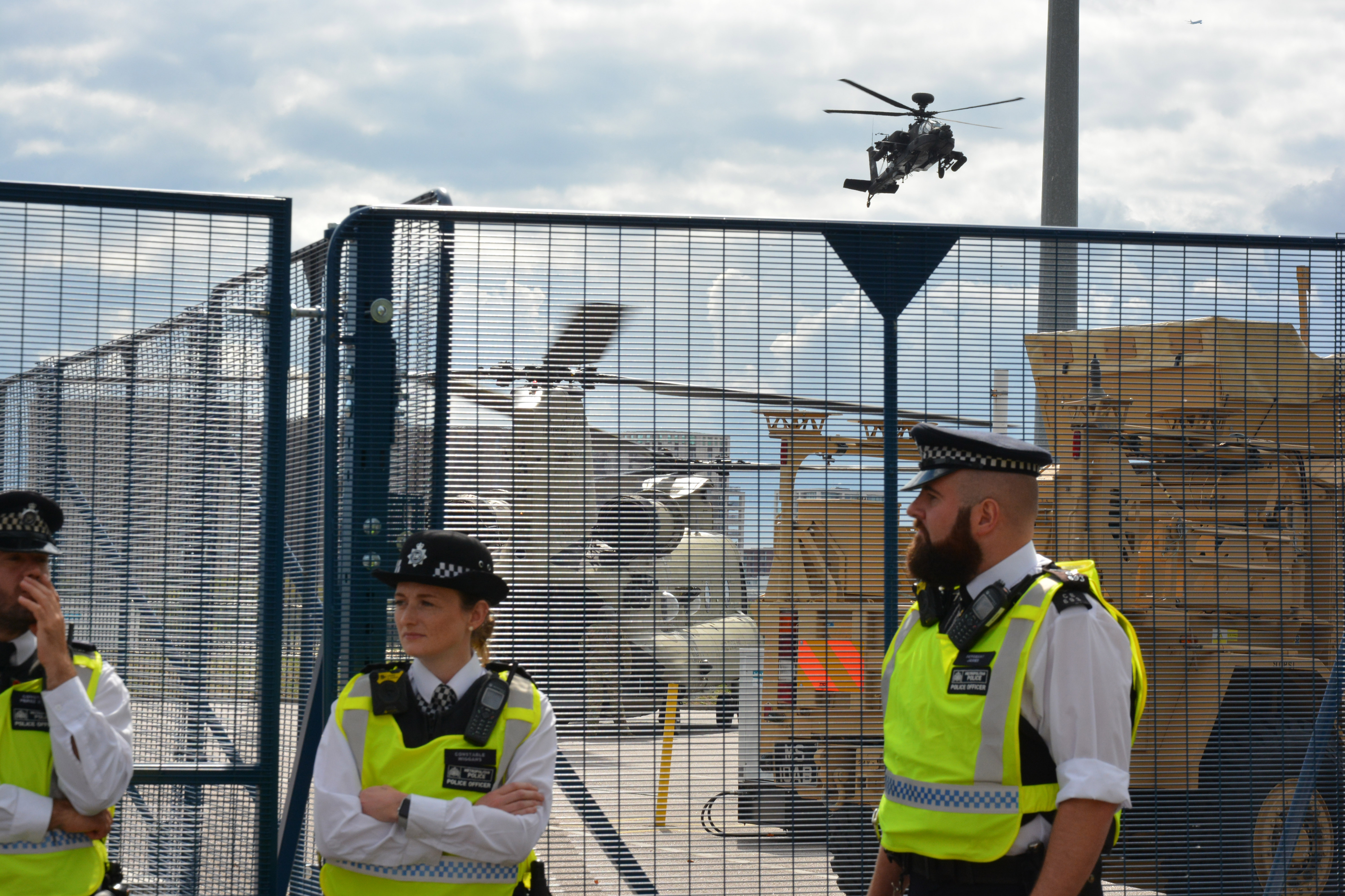 Helicopter arrives at DSEI arms fair