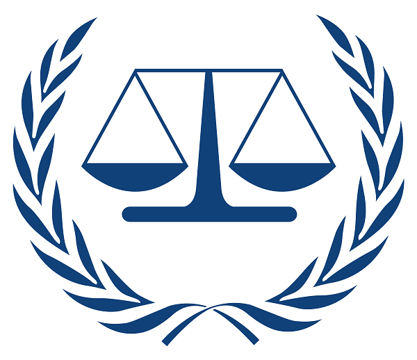 the International Criminal Court Logo which consists of scales inside a wreath