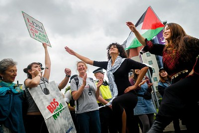 Dabke dancers in solidarity with Palestine at the DSEI arms fair in London, September 2019