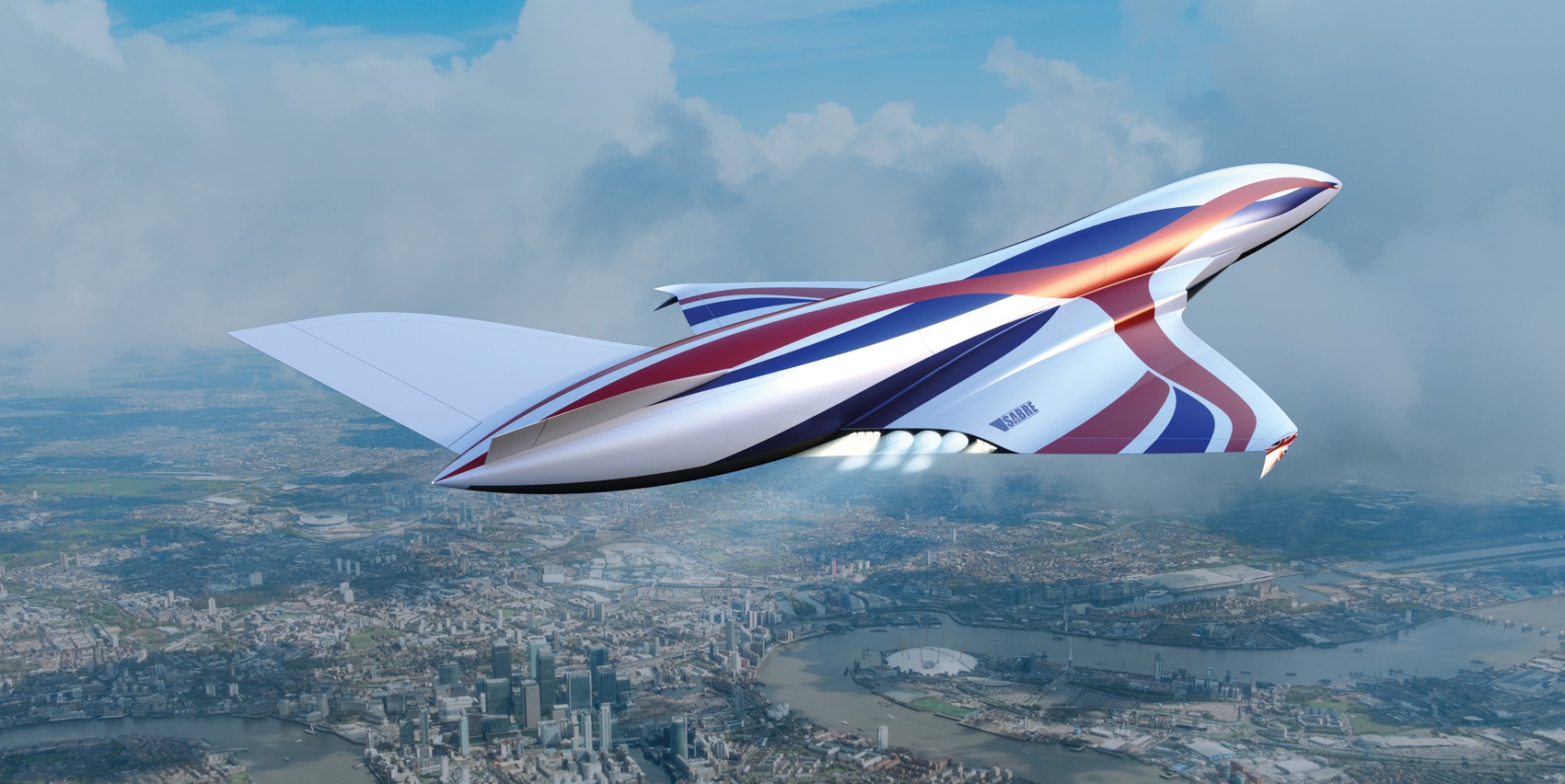 Reaction Engines aircraft made by BAE-Systems is flying, adorned with UK Union Jack flag