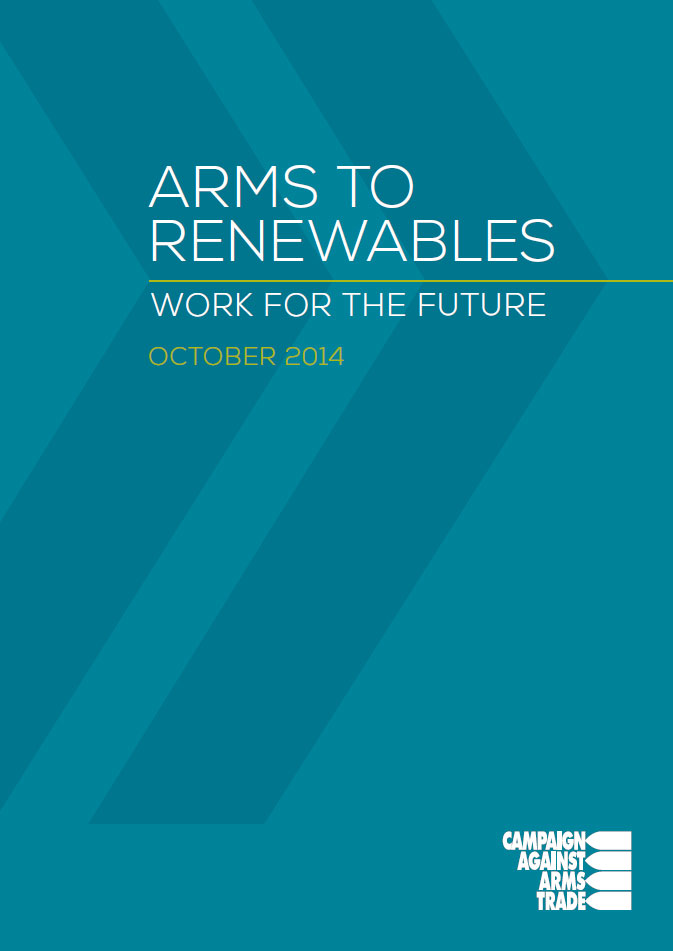 Image of report cover title "Arms to renewables" subtitle "Work for the future", date October 2020, CAAT logo in bottom right