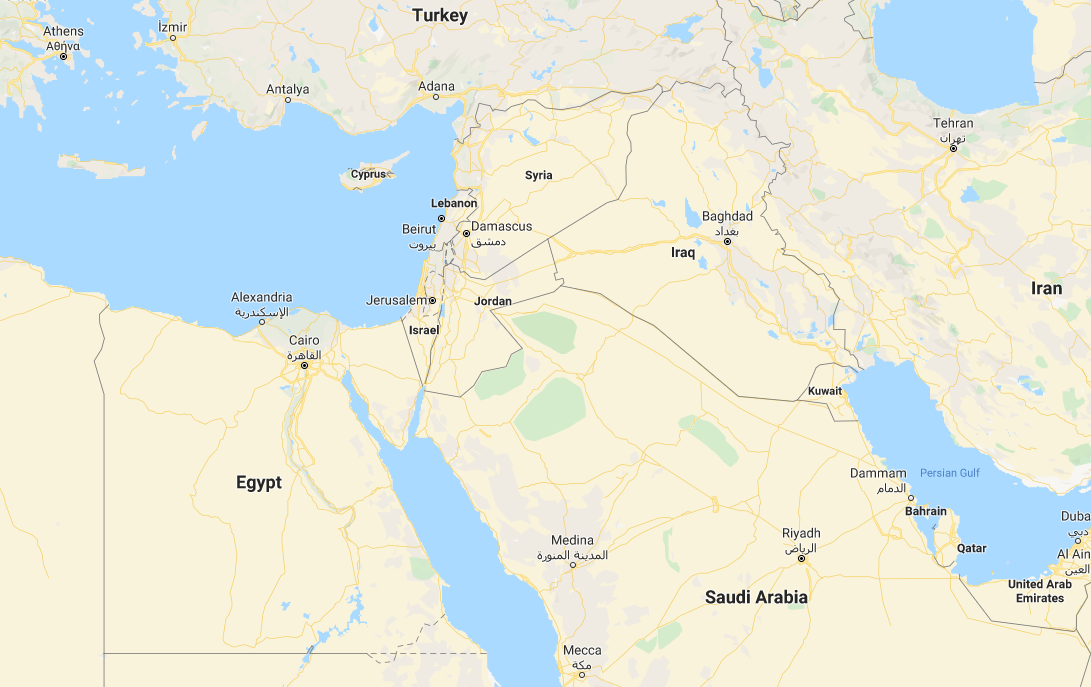 Middle East map showing borders and key cities