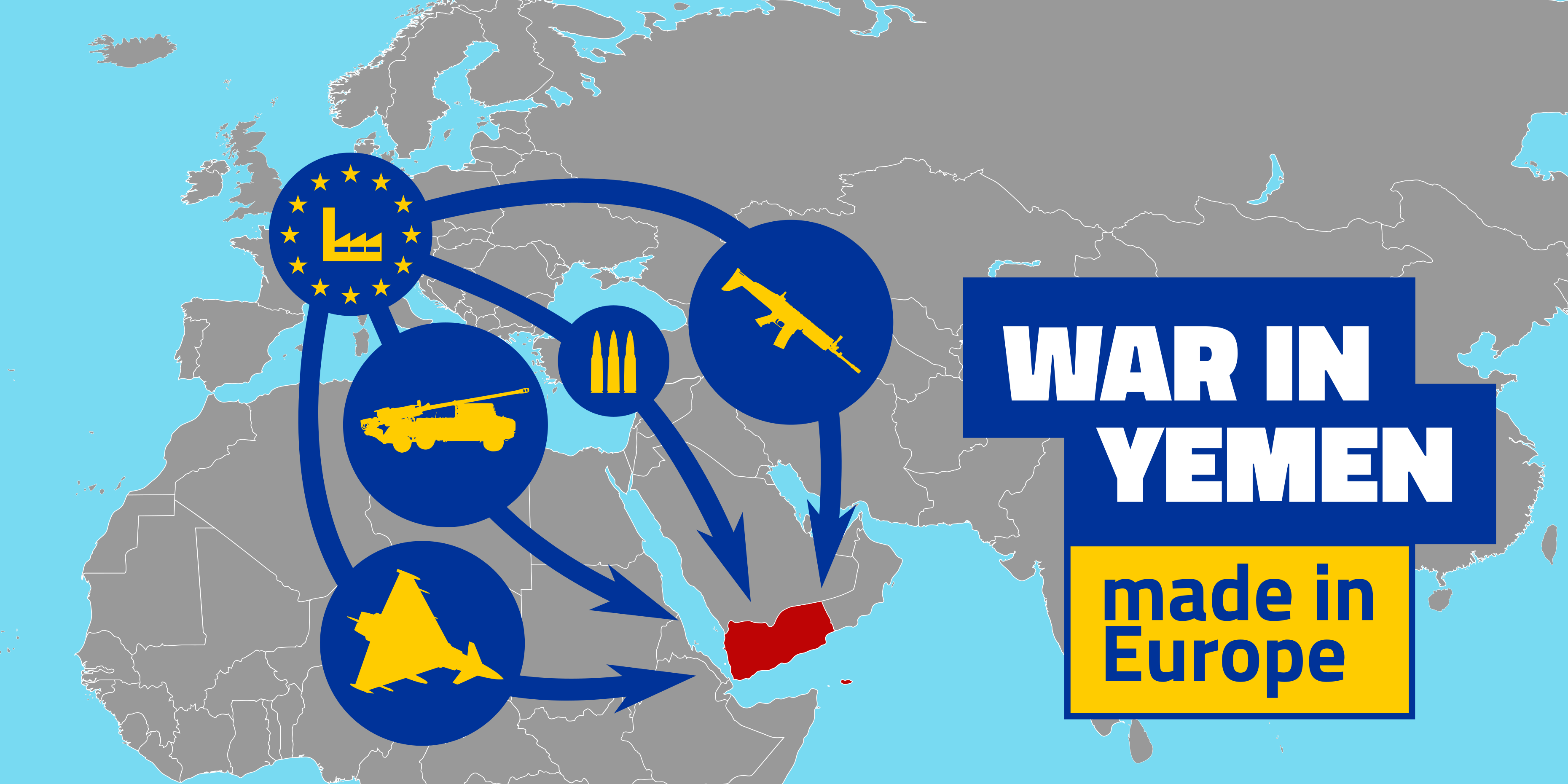 graphic that reads war in Yemen made in Europe