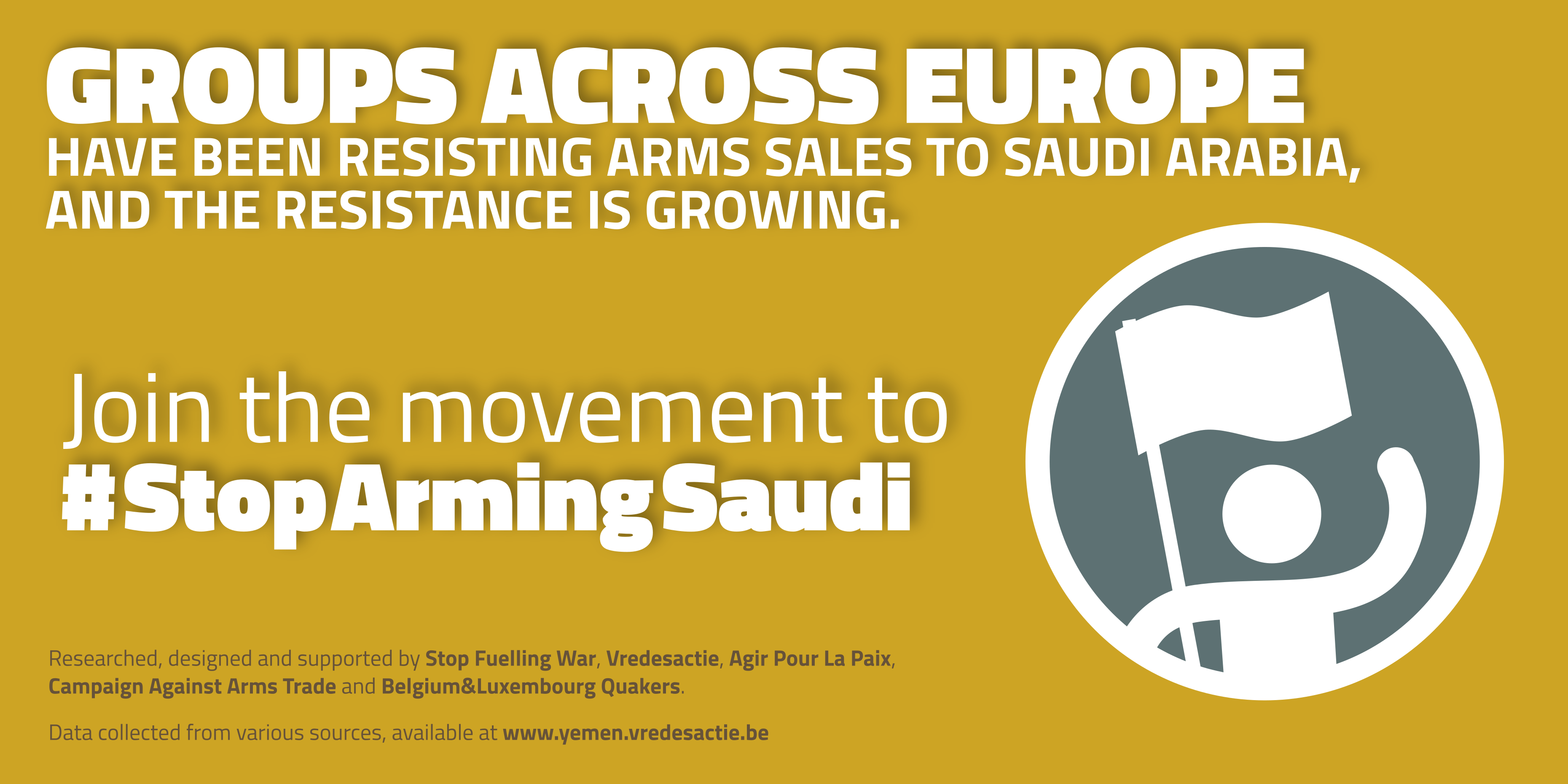 Graphic urging people to join groups that are taking action against arms sales across Europe