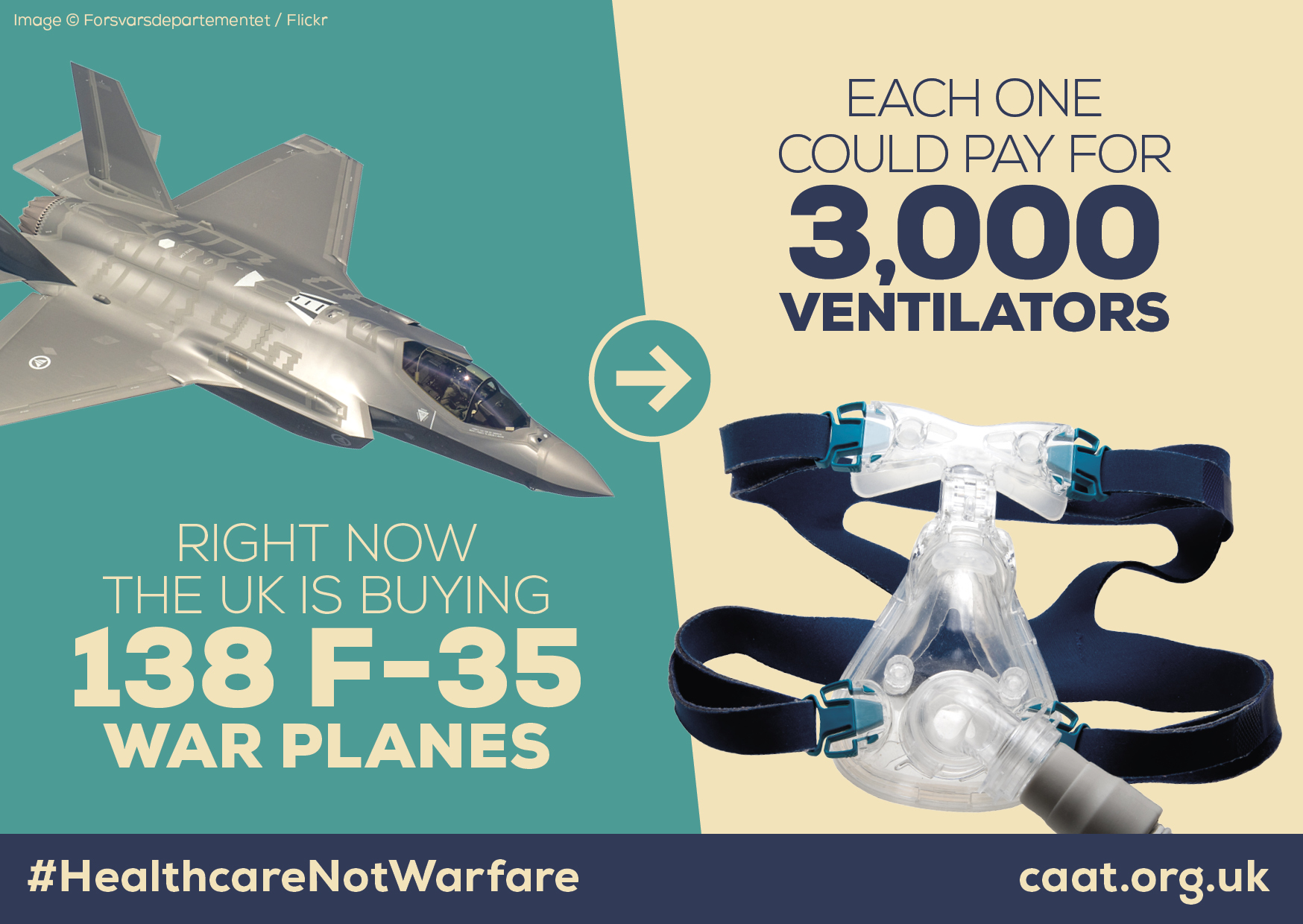 teal and yellow image with fighter jet and ventilator and text reads 'right now the uk is buying 138 F-35 war planes which could pay for 3,000 ventilators'