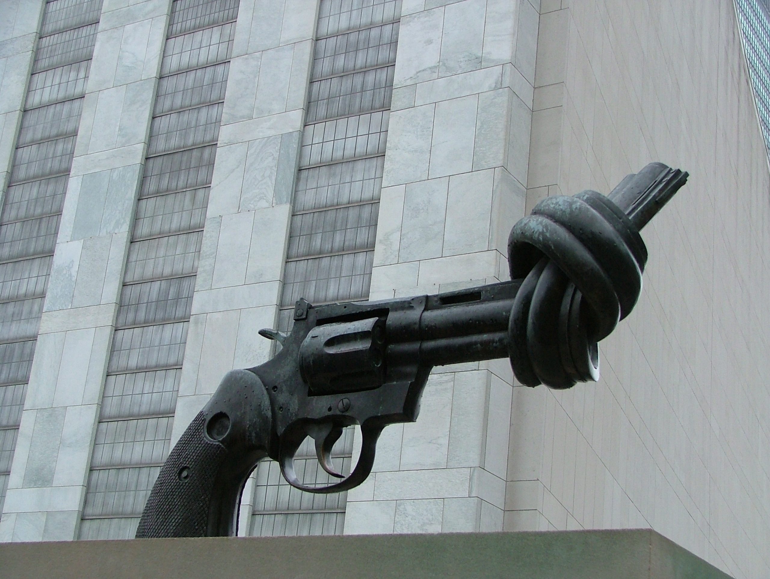 A sculpture of a twisted gun at the United Nations, New York