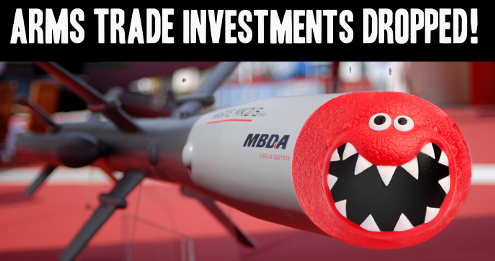 Arms Trade Investments Dropped. Photoshopped text and image of a biting red face photoshopped onto MBDA missile
