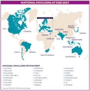 world map noting countries with national pavilions at DSEI in 2017 (most of Europe, Northern America and Australia coloured in)