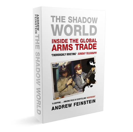 Book cover "The Shadow World: inside the global arms trade", author Andrew Feinstein. Image of children with guns.