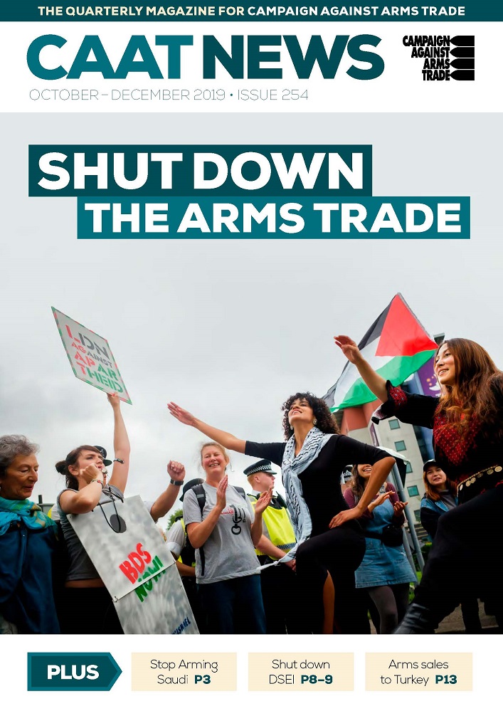 Cover of CAAT News issue 254. Image of protesters at DSEI arms fair. Headline reads "Shot down the arms trade."