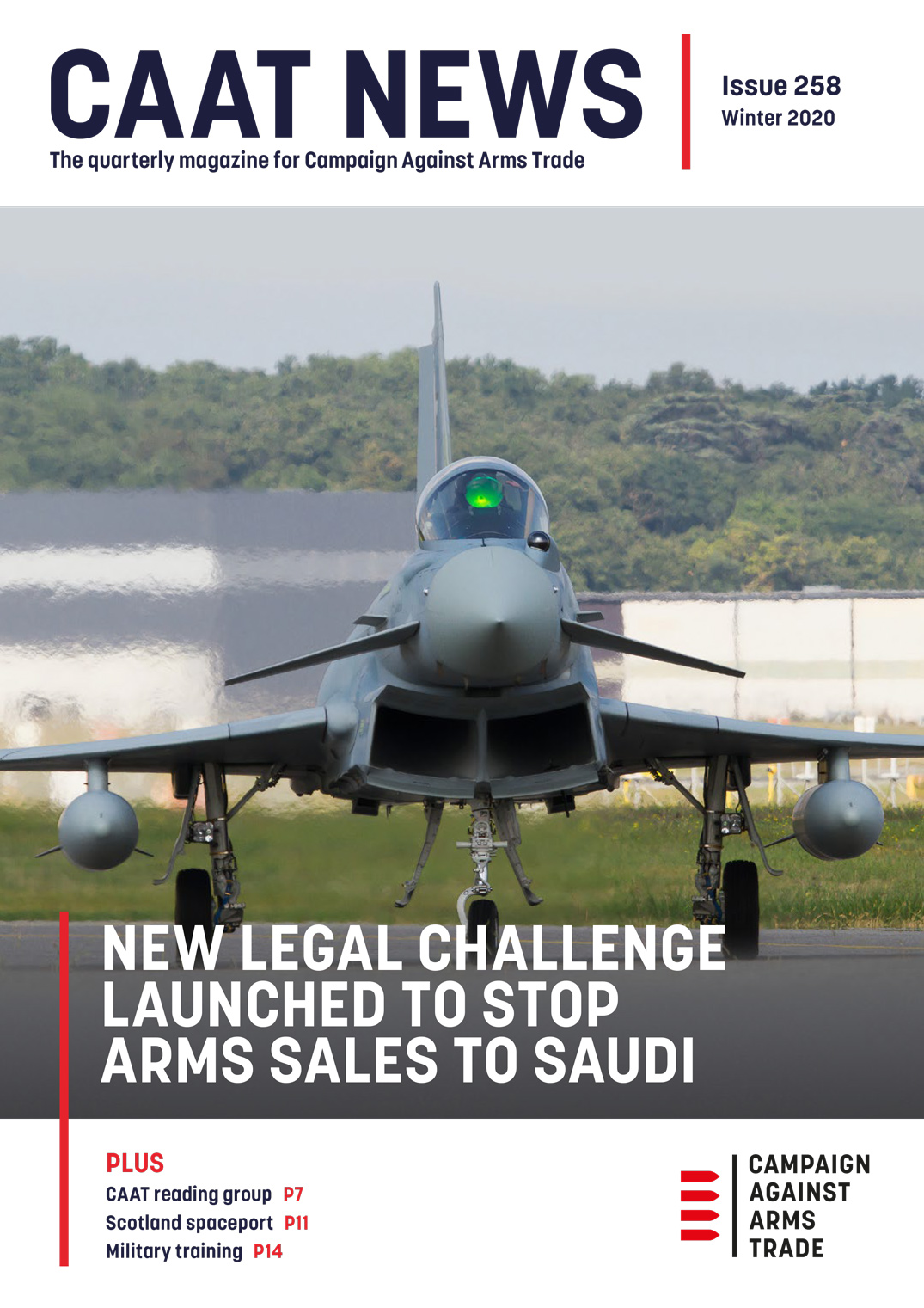 Cover of CAAT News issue 258 with image of fighter jet and headline "New legal challenge launched to stop arms sales to Saudi"