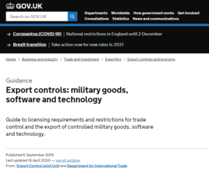 Screenshot of government guidance on export controls for military goods, software and technology