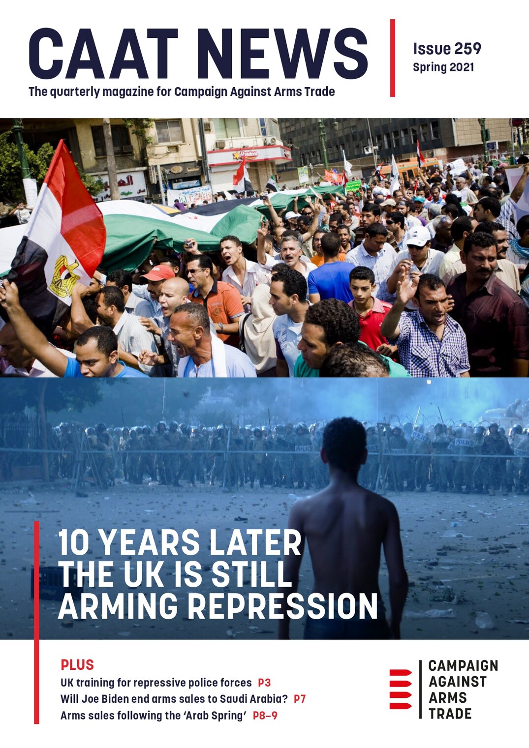 Cover of CAAT News issue 259 with image of Arab Spring protests and headline "10 years later the UK is still arming repression"