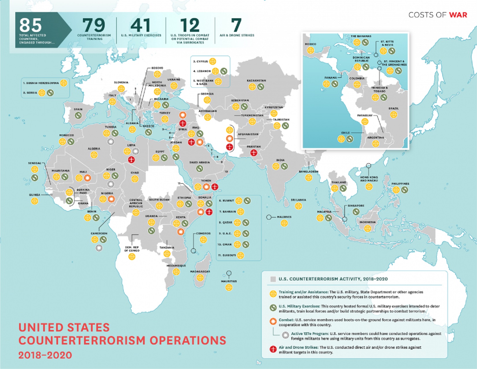 World map displaying location and nature of US military operations, with various symbols