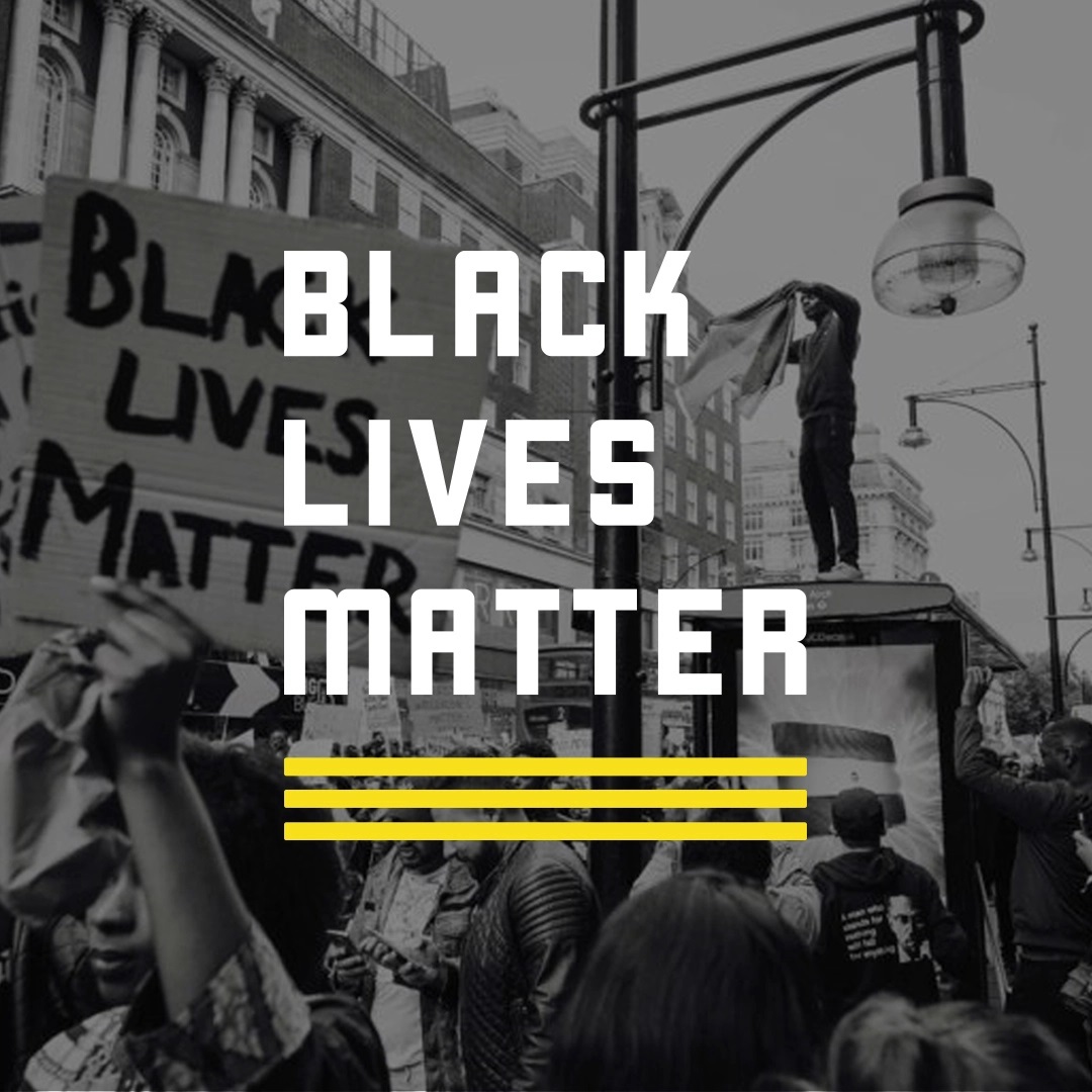 Black Lives Matter logo superimposed on a background of a BLM protest