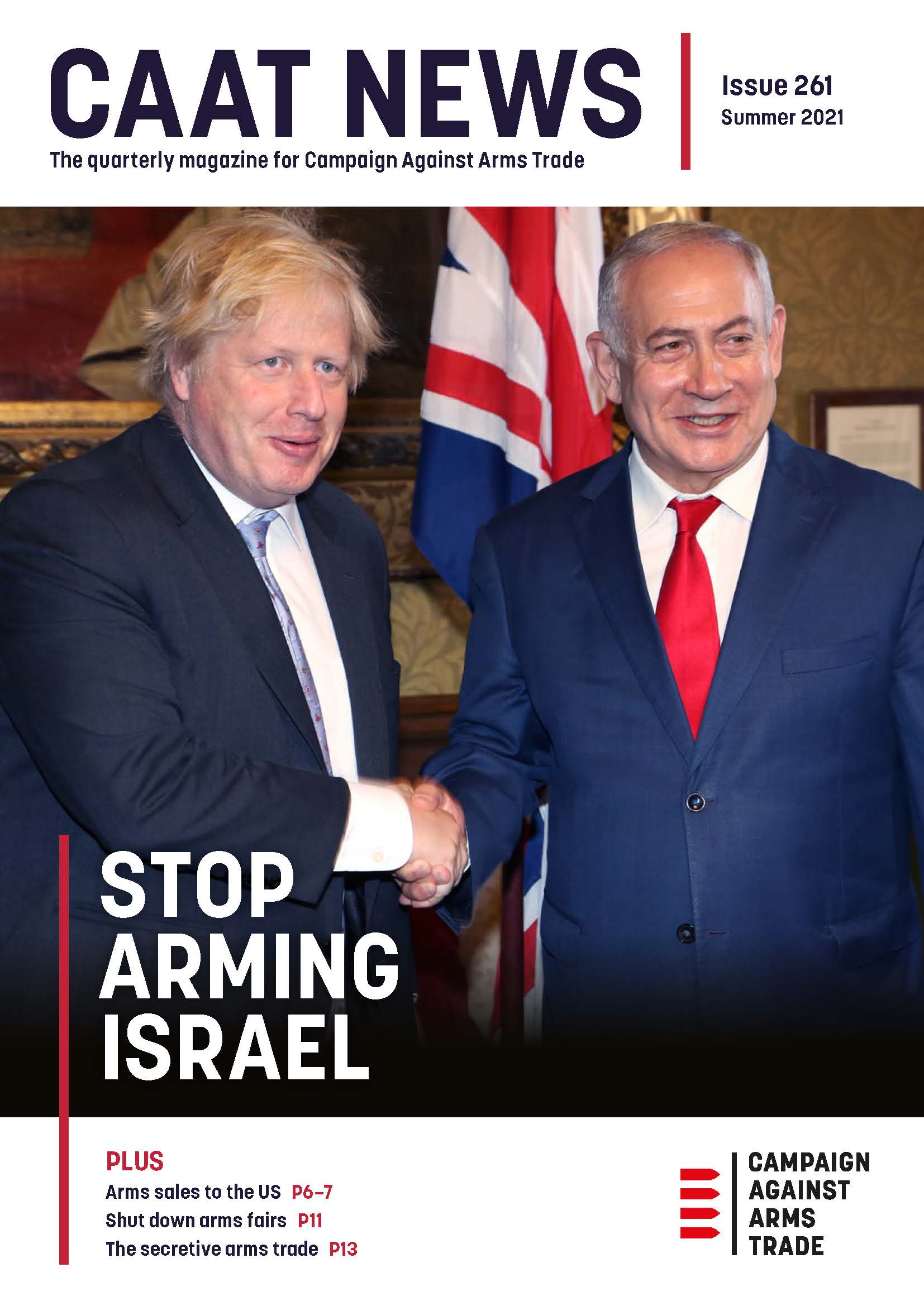 CAAT News cover with banner header, and Image of UK Prime Minister Boris Johnson shaking hands with Israeli Prime Minister Binyamin Netanyahu in front of a UK flag