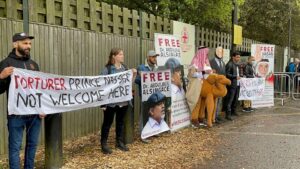Campaigners from Bahrain Institute for Human Rights and Democracy at the main gate to the Windsor horse show. Banners read "Torturer Prince Nasser Not Welcome Here" "Free Dr Abdulmul AlSingace" (pic credit; BIRD)