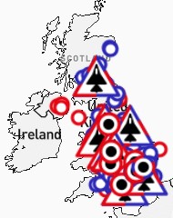 Image is a map of the UK taken from CAAT's website with circles and triangles to representing where arms companies are based.