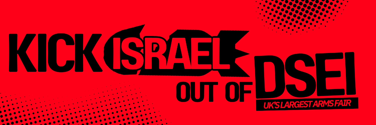 Kick Israel out of DSEI logo - black text on a red background with Israel written across a bomb