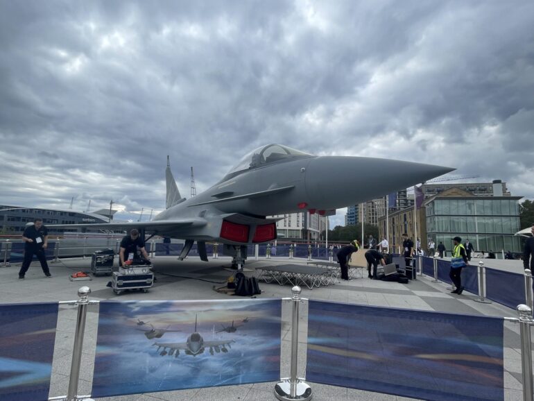 A fighter jet outside the ExCeL centre during DSEI 2003