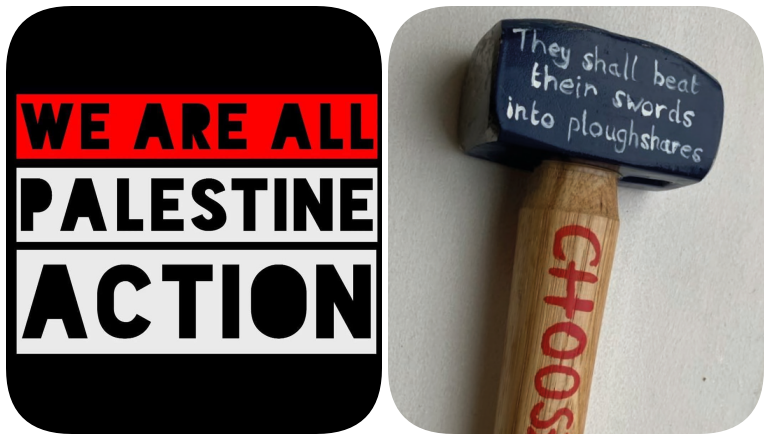 Image is split between a We are all Palestine Action logo and the Seeds of Change ploughshares hammer.