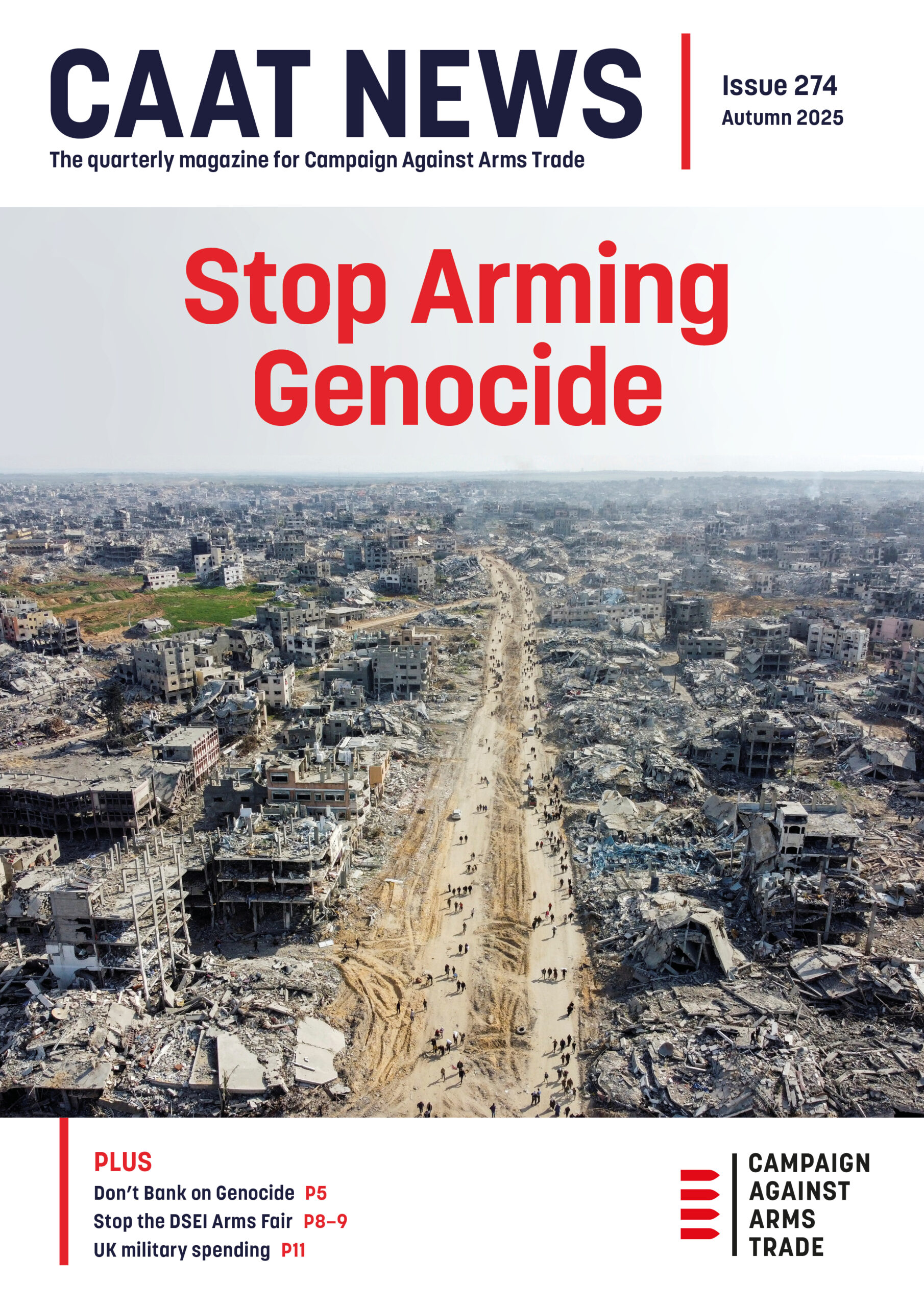 Hundreds of people walk down a sandy road and all around there are the remains of an utterly destroyed Gazan city