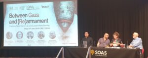 Panel comprising Ahmed Alnaouq, Andrew Feinstein, Niamh NiBhriain, and Jeremy Corbyn MP on stage at SOAS.