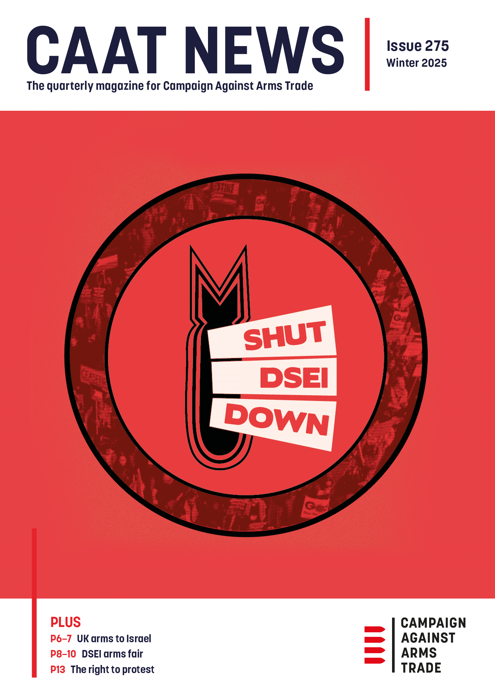 Picture of a falling bomb in a circle and the words Shut DSEI Down