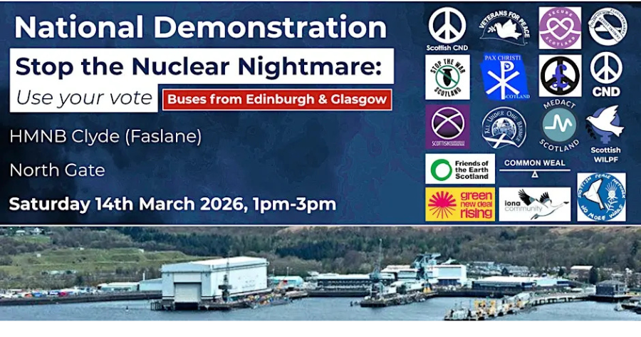 text based poster with faslane in background detailing event and partners
