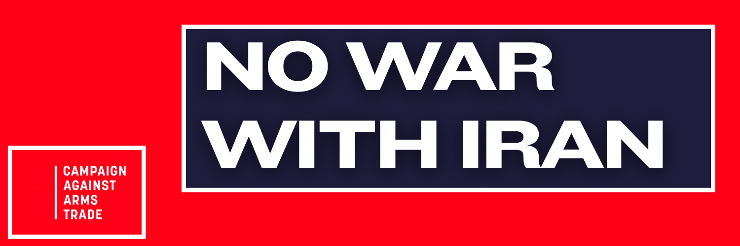 Slogan "no war with Iran, white in blue box with white border, on red background. CAAT logo in white in bottom left corner