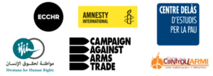 Logos of ECCHR, Amnesty International, Centre Delas d'Estudis per la Pau, Mwatana for Human Rights, Campaign Against Arms Trade, Rate Italiana Pace Disarmo
