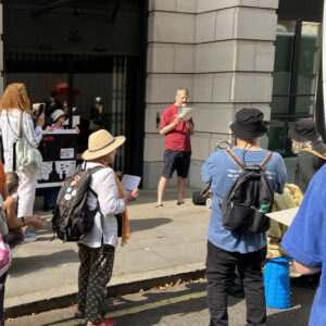 London CAAT talking to campaigners outside BAE Systems in Carlton Gardens