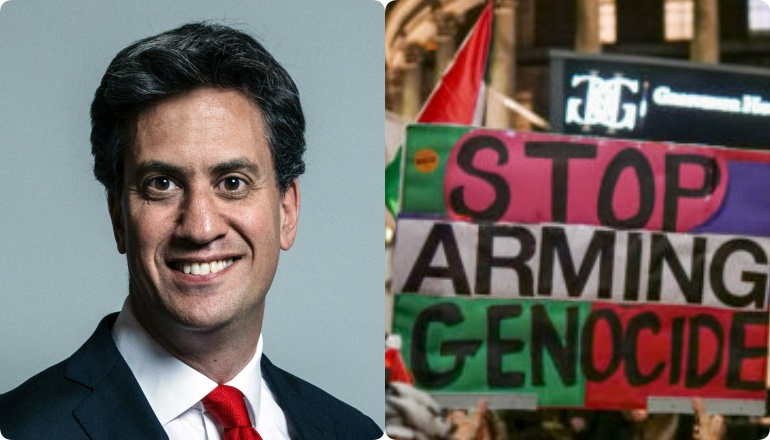 Split image. On left hand side is a photo of Ed Miliband. On the right side there is a stop arming genocide placard.